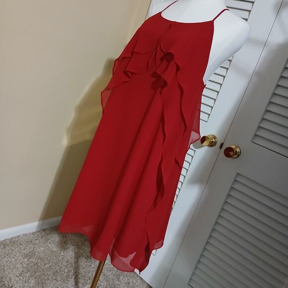 BCBGeneration red spaghetti strap fully lined sheer ruffled front easy care - Picture 4 of 16